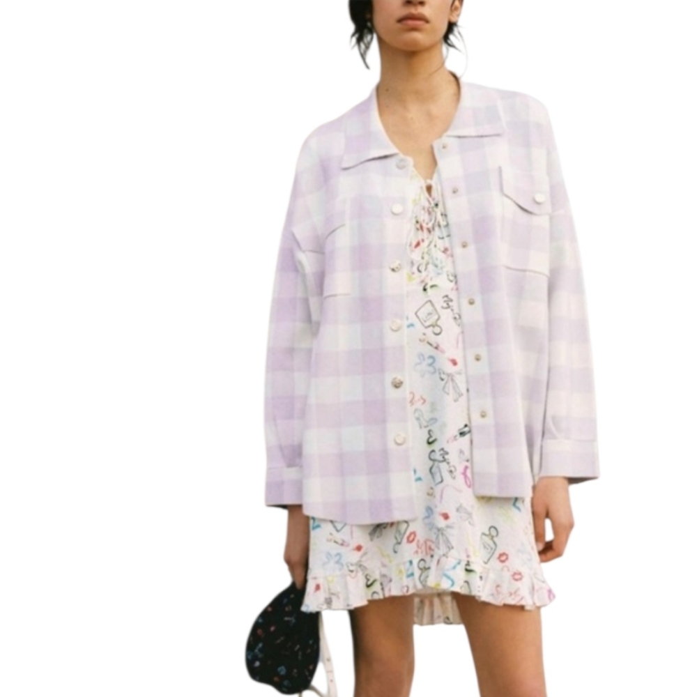 Maje Picnic Pastel Purple White Gingham Oversized Shacket Chest Pockets one size